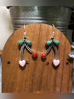 Sterling Silver Kingman Turquoise Queen Conch Coral Cherry Dangle Earrings